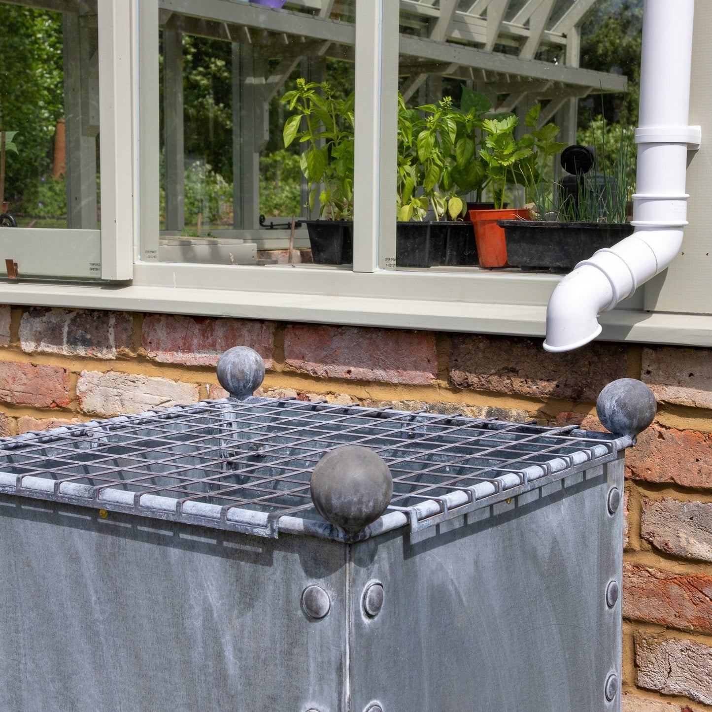 Premium quality water butt made in the UK by artisan metal workers using 1.5mm galvanized steel, adorned with Tudor roses and decorative balls. (7702905290945) (15008029573505)