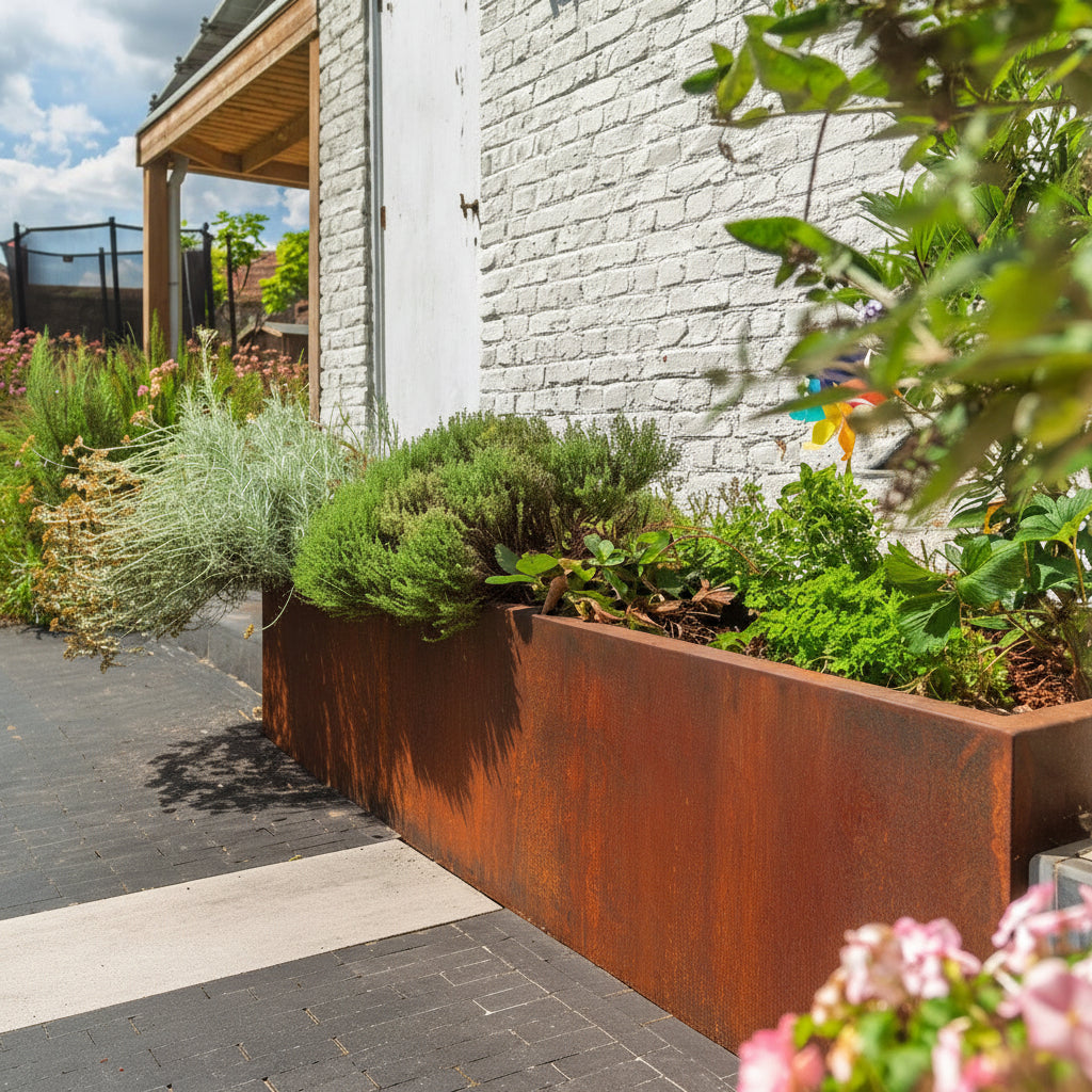 Adezz Corten steel trough planter outside house