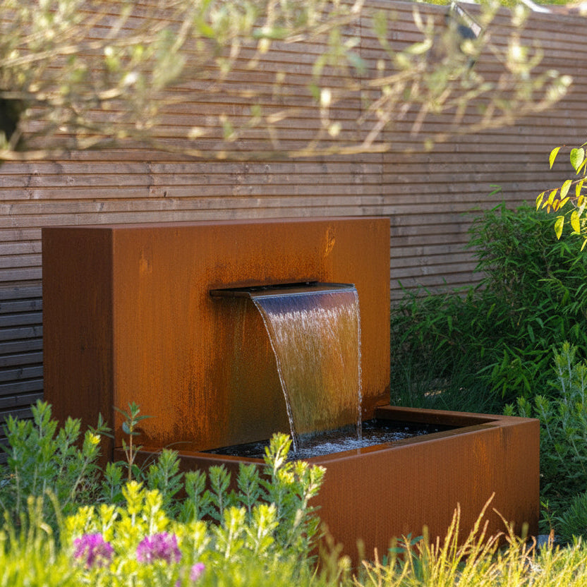 Fixed Corten Pond Wall With Blade Waterfall