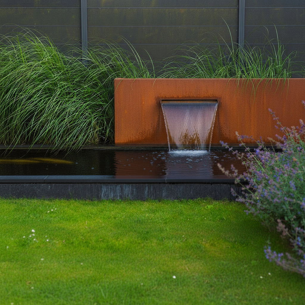 Corten steel freestanding pond wall with blade waterfall