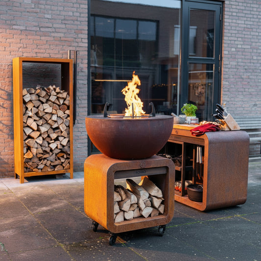 Corten Steel Seare Bole Plancha Grill with log store and kitchen work station