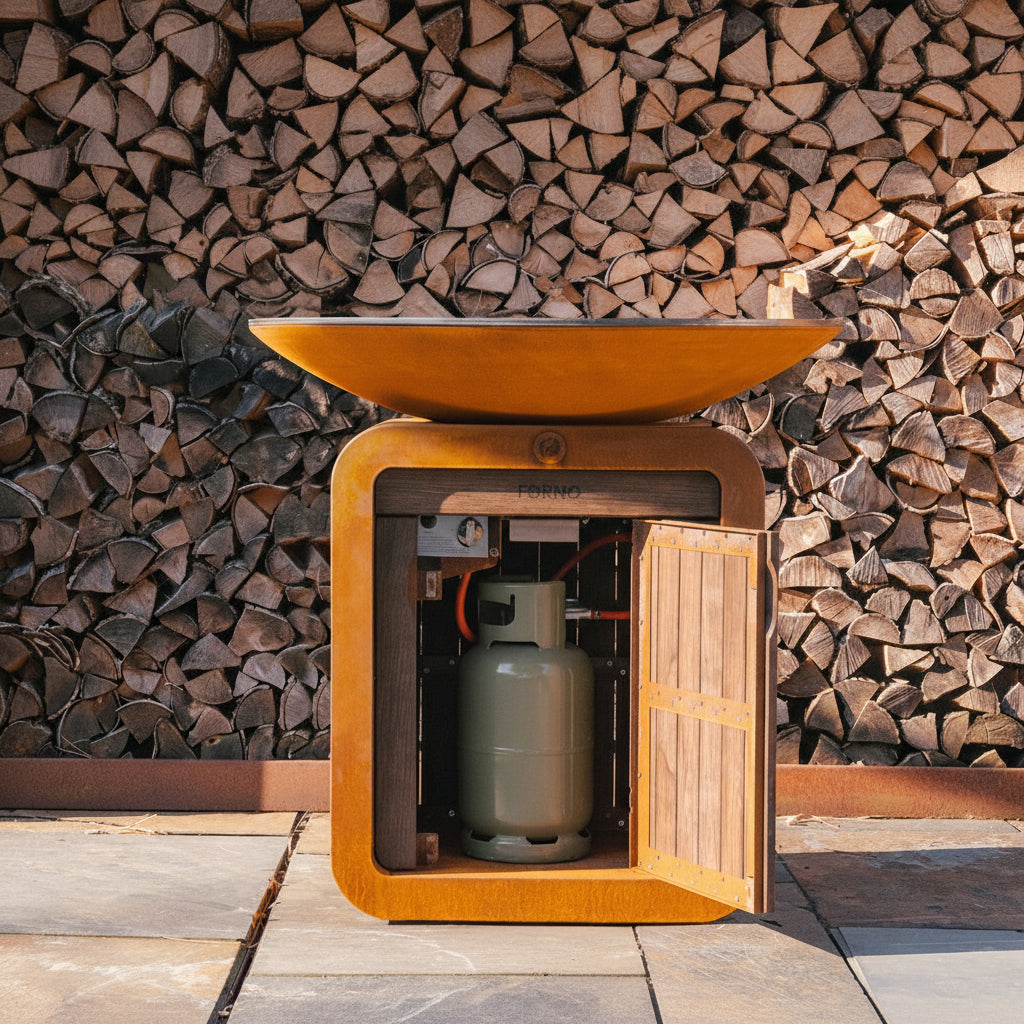 Corten Steel Seare Halo Piezo Plancha Gas Grill with log store behind
