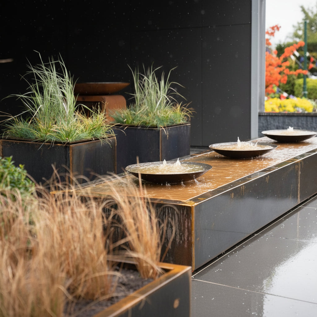 Adezz Corten steel water bowl table with Corten steel planters and a Corten steel plancha grill in the background