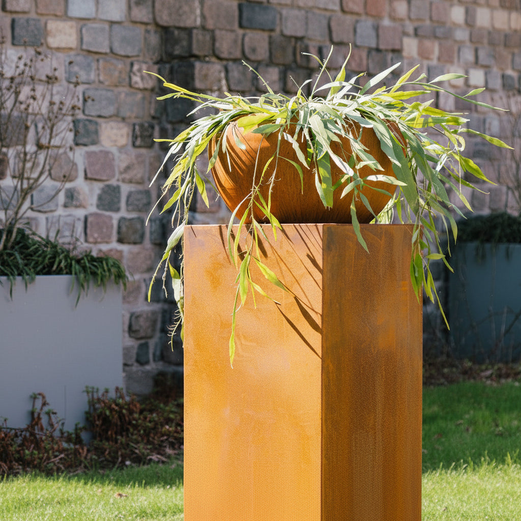 Corten steel plinth with Corten onyx planter on top in contemporary garden setting