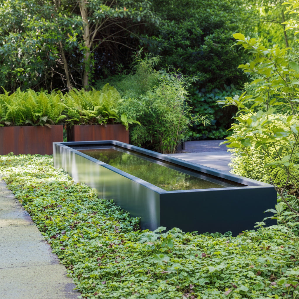 Aluminium garden pond with Corten steel planters in the background