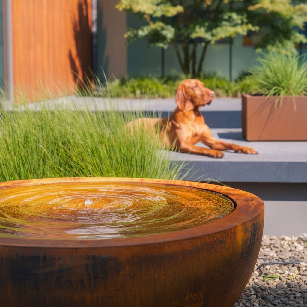 Corten steel bayou bowl with Corten planter in background on raised patio
