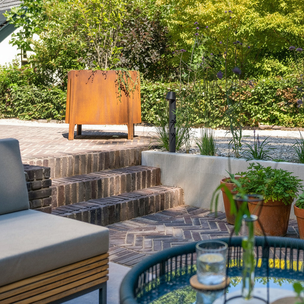 Adezz Corten steel Botan planter on a patio with furniture, plants, and a fire pit area.