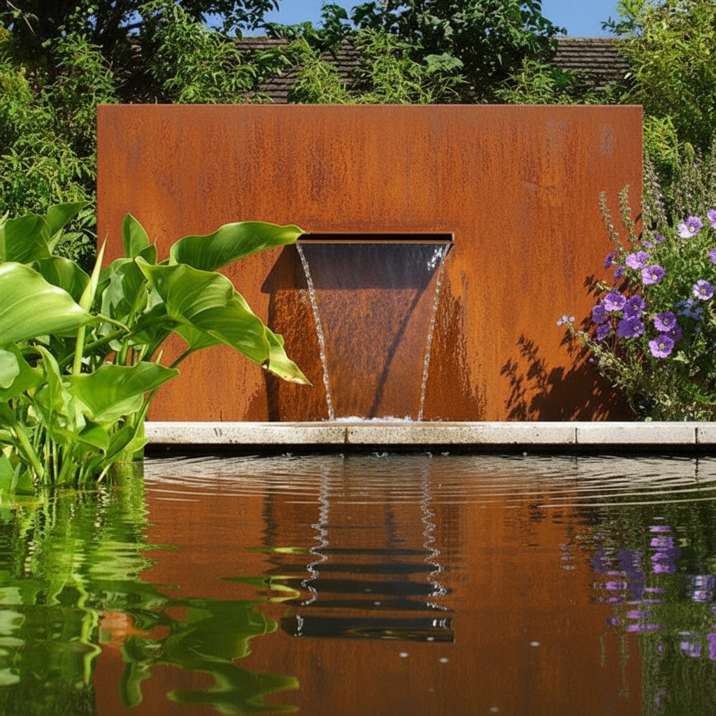 Freestanding Corten steel pond wall with blade waterfall