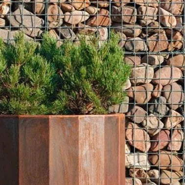 A close up angle of the Adezz Corten Steel Boxer Planter.