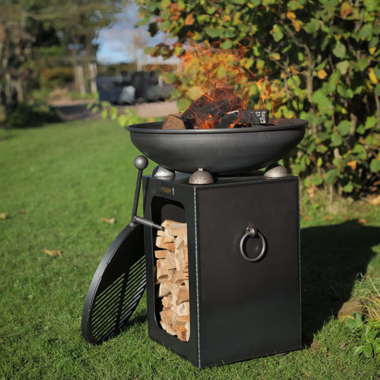 Steel Fire Bowl with Log Store Stand