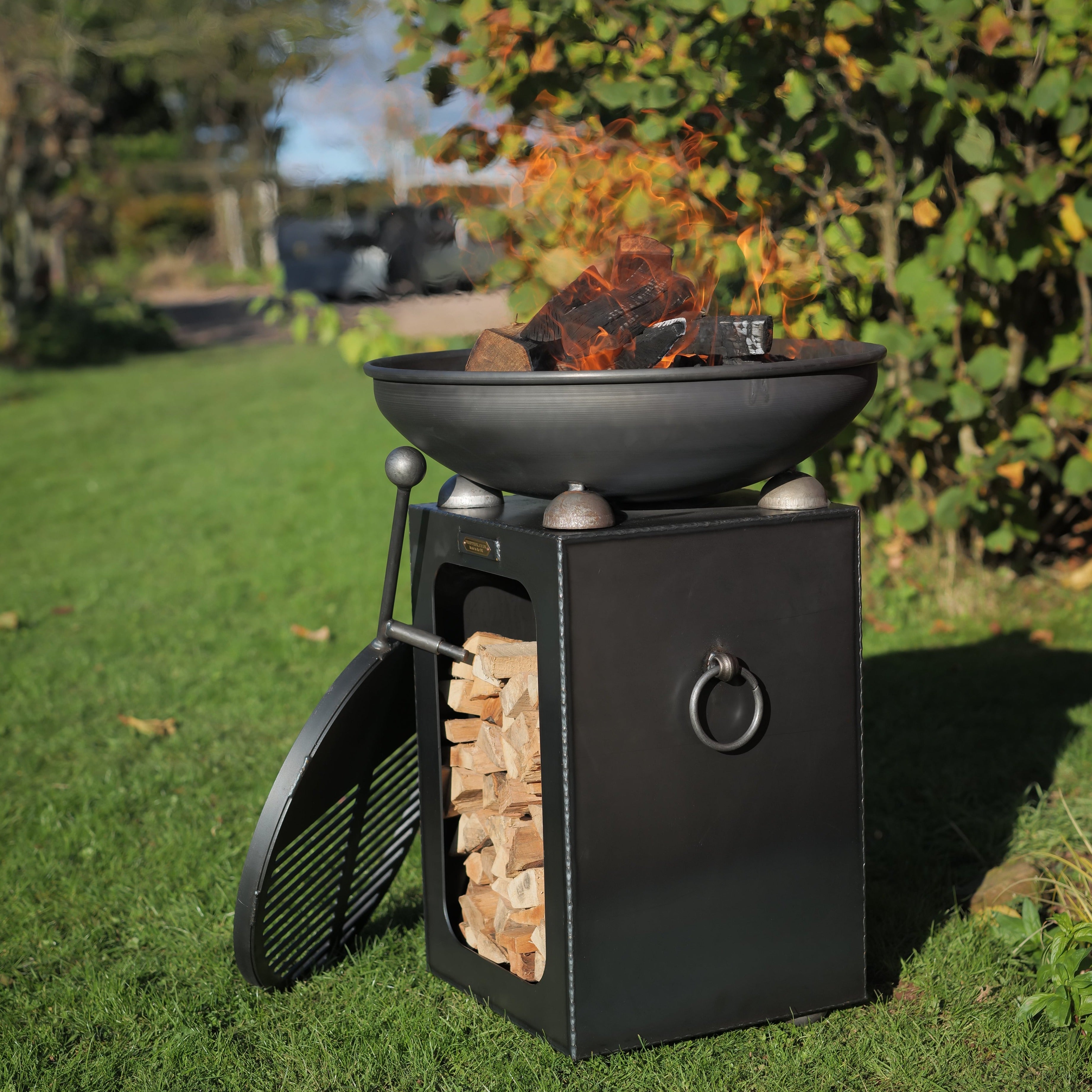 Steel Fire Bowl with Log Store Stand (7707019313345)