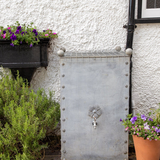 A large 330-liter galvanized steel water butt with a hose-ready brushed chrome tap. (7702905290945) (15008029573505)