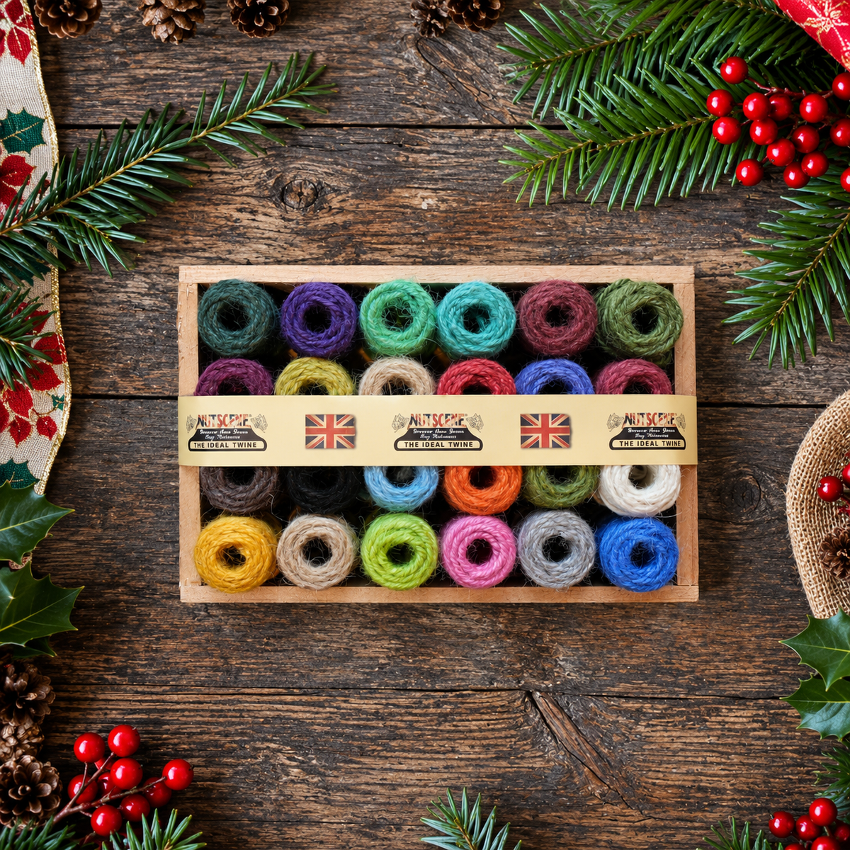 Wooden Crate of Mini Heritage Twine spools