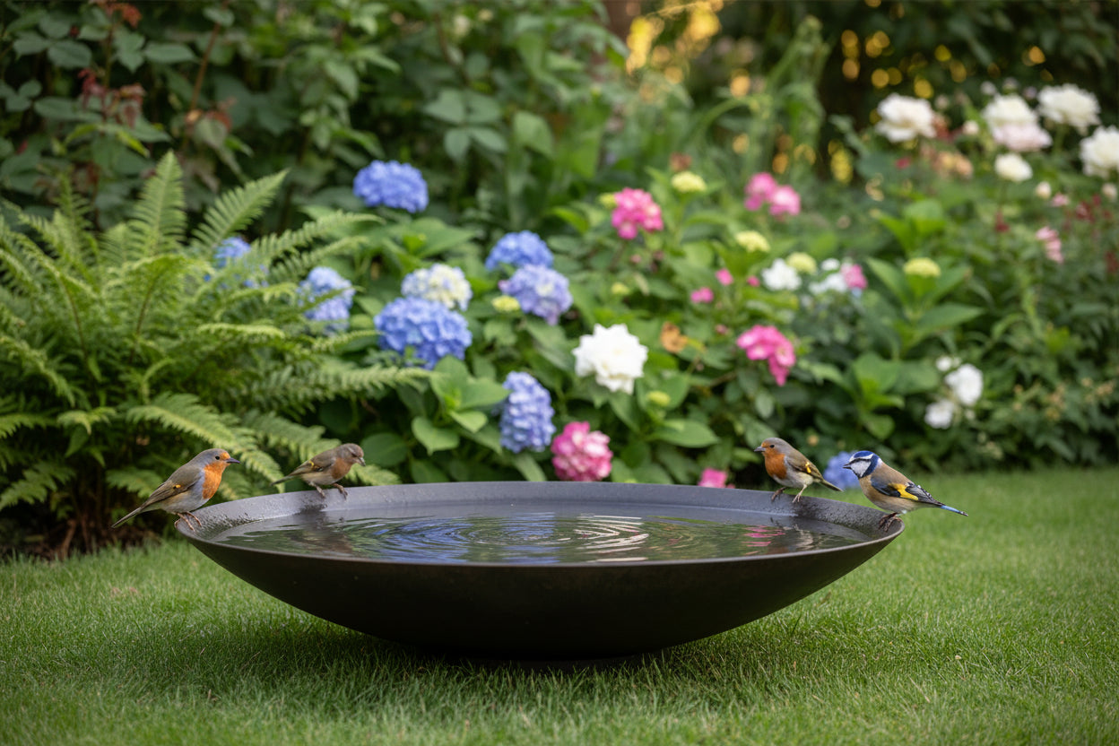 Adezz coated steel water bowl with birds perched around the rim