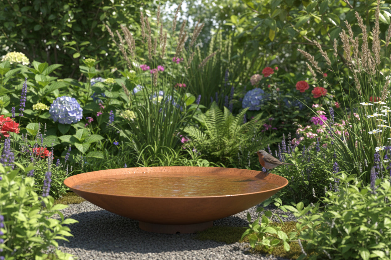 Adezz steel bowl in a garden with bird on the rim