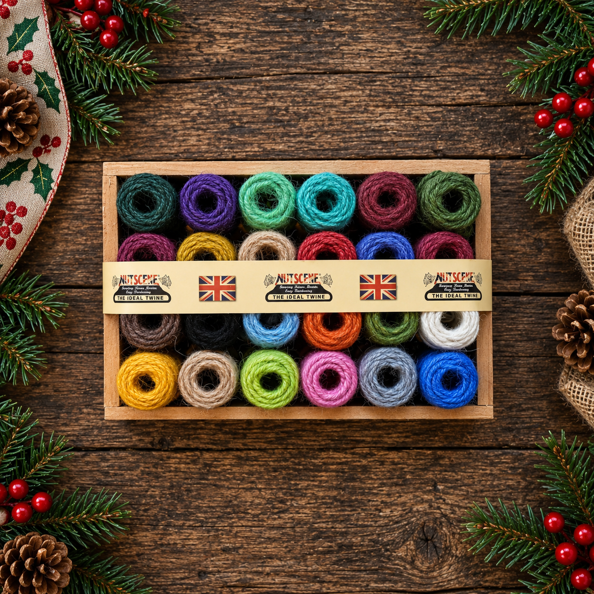 Wooden Crate of Mini Heritage Twine spools