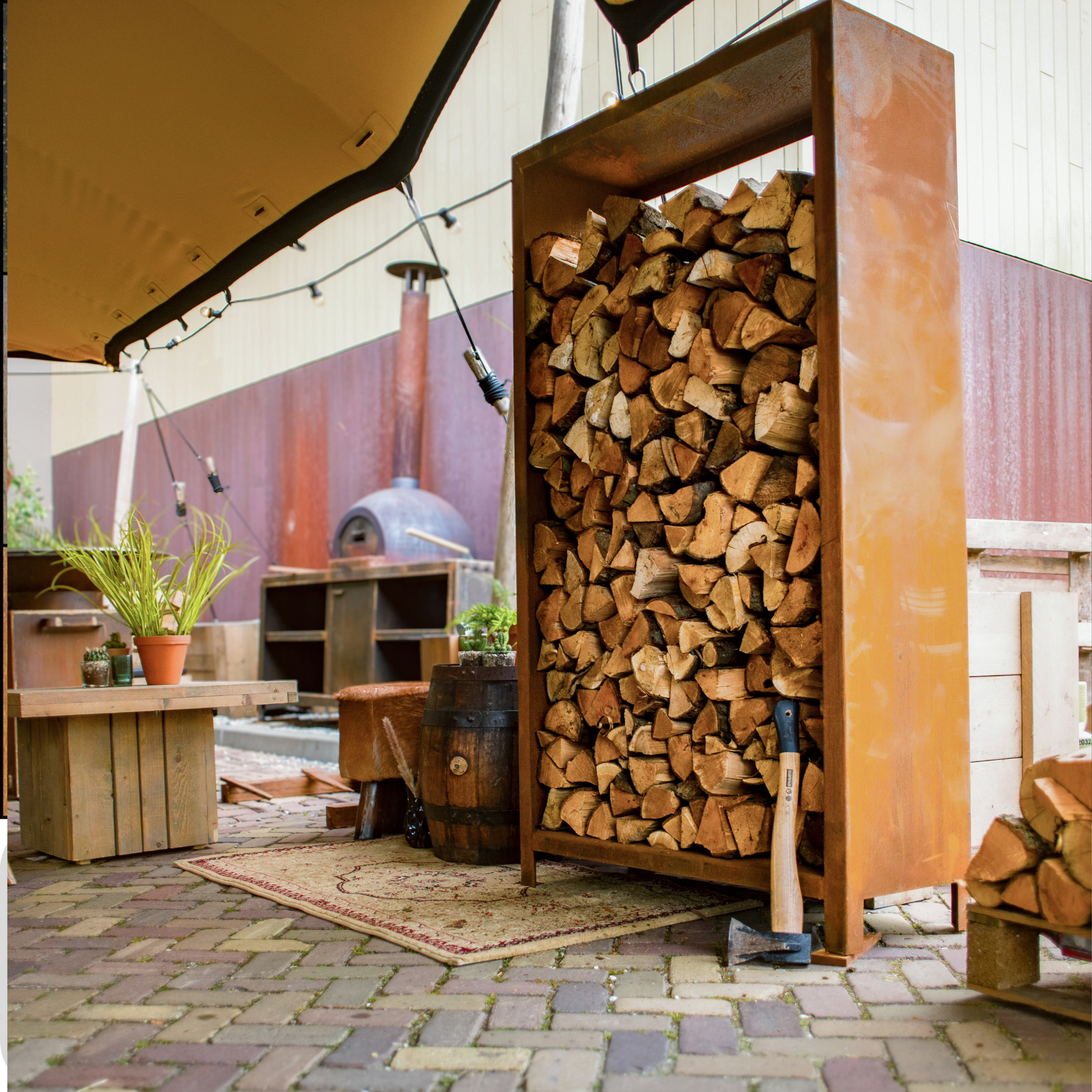 Outdoor Log Storage: Logs stacked and organised for easy access.